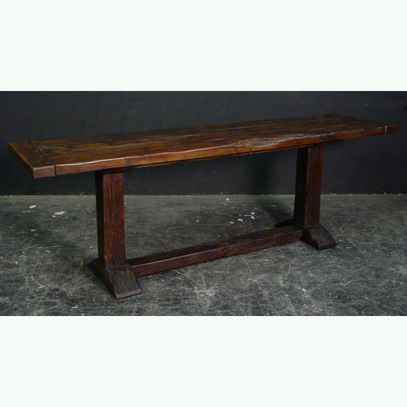 Rustic elm finish narrow trestle base refectory dining table